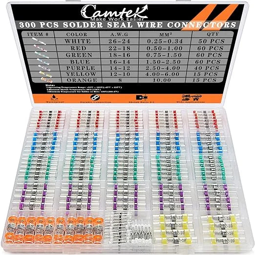 300PCS Self Soldering Heat Shrink Wire Connectors 26-8 AWG Waterproof Insulated Butt Splice Wire Terminals L5427
