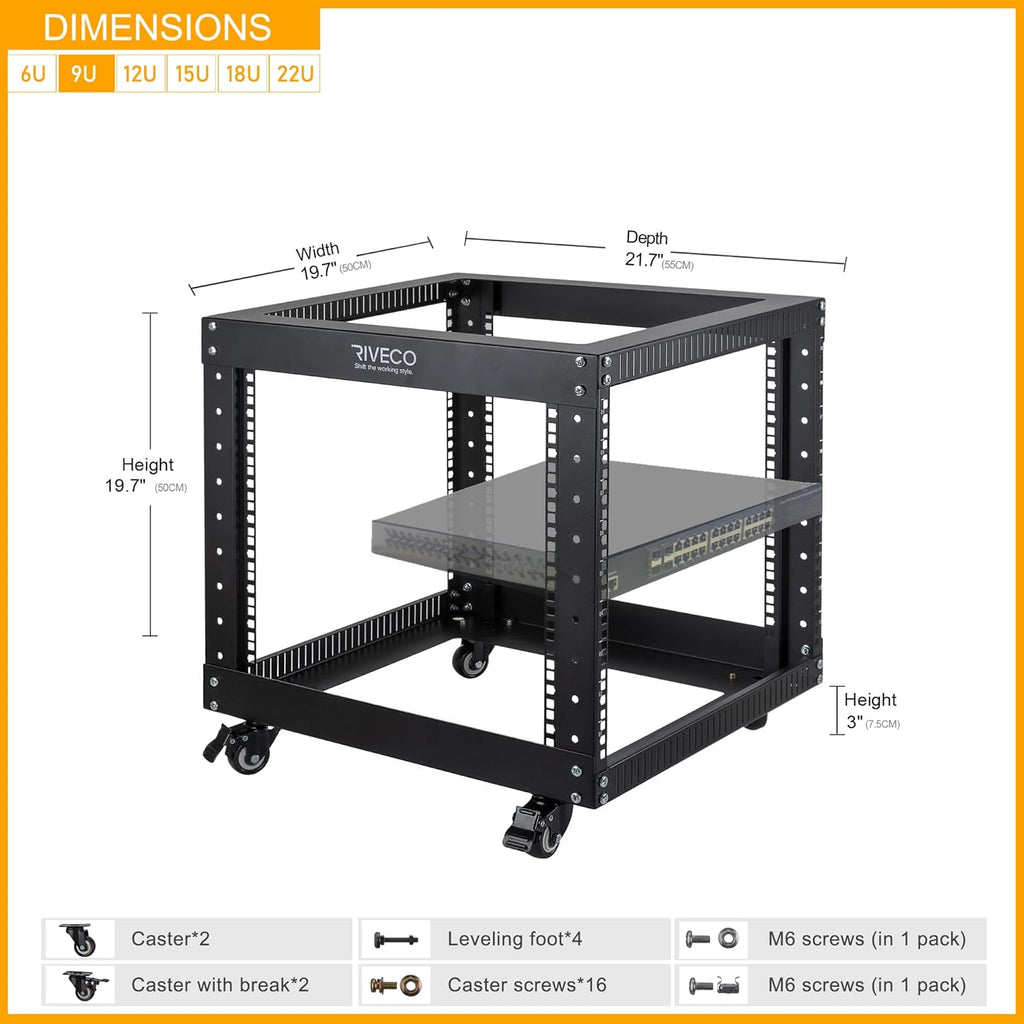 9U Open Frame Server Rack with Casters Black F1961