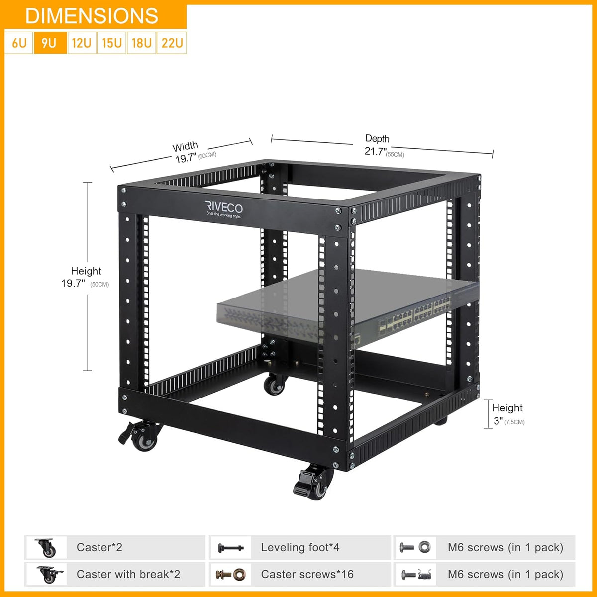 9U Open Frame Server Rack with Casters Black F1961