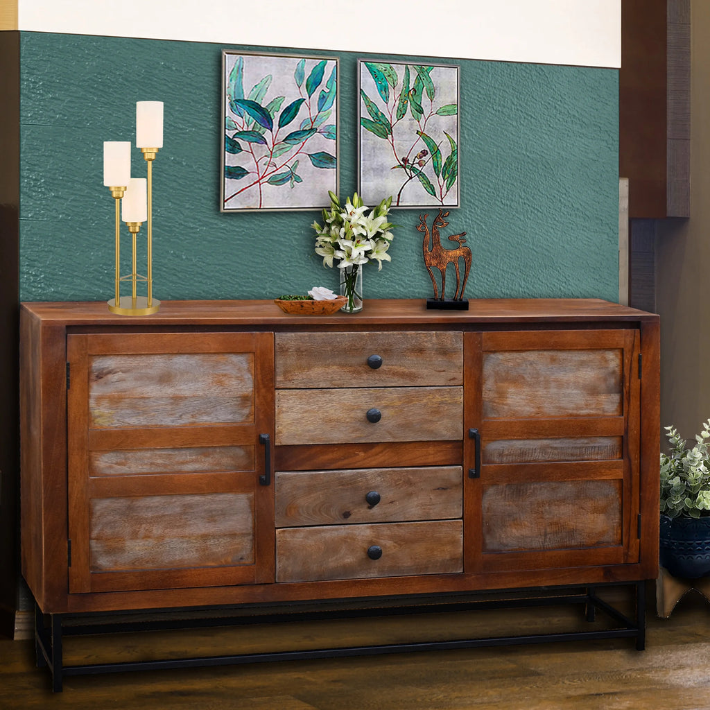 Recycled Mango Wood Sideboard with 4 Drawers and 2 Doors Q128