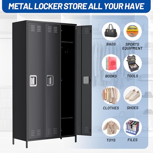 9 Door Metal Storage Cabinet with 27 Hooks and 9 Shelves, Black B811371