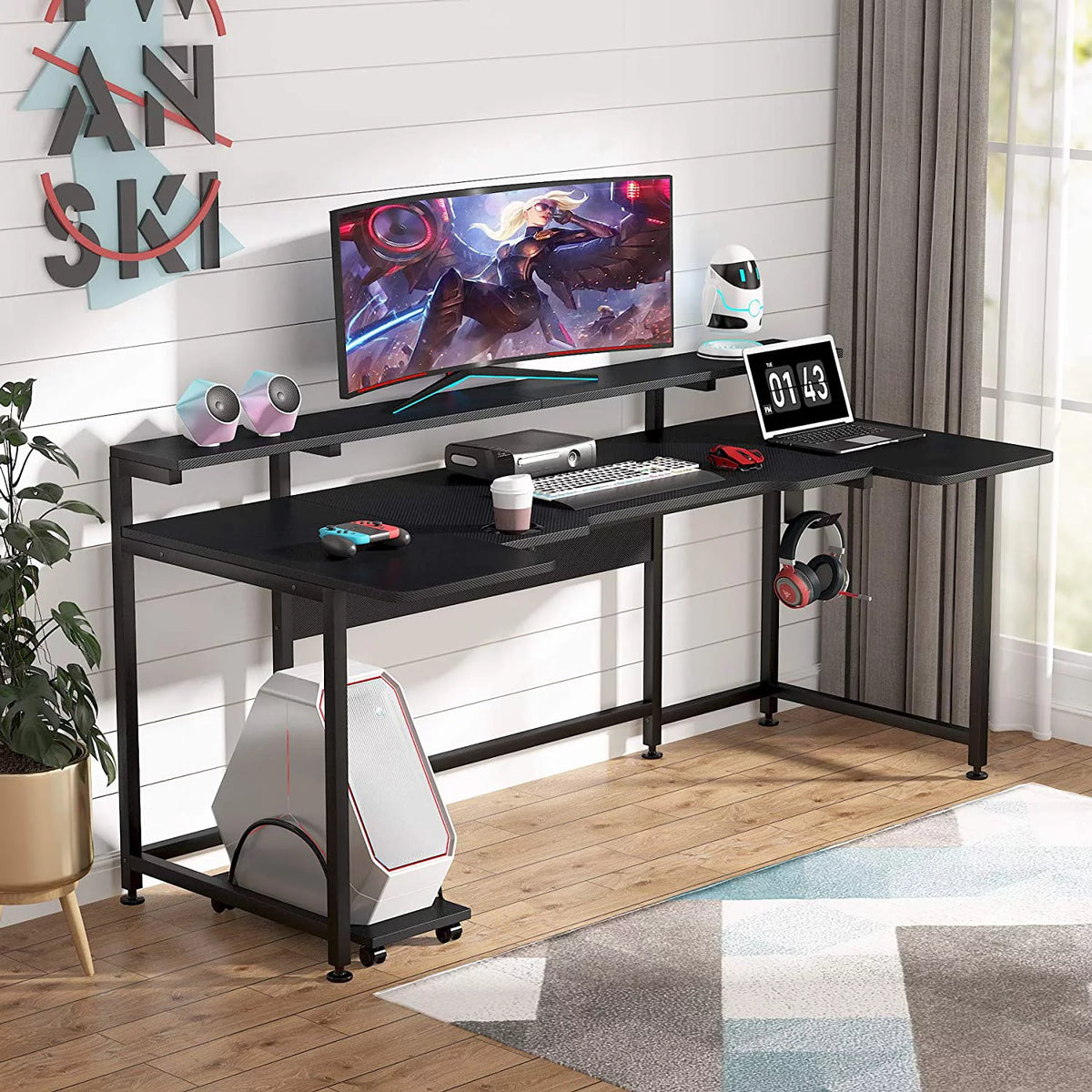 Black U Shaped Computer Desk with Hutch G6786
