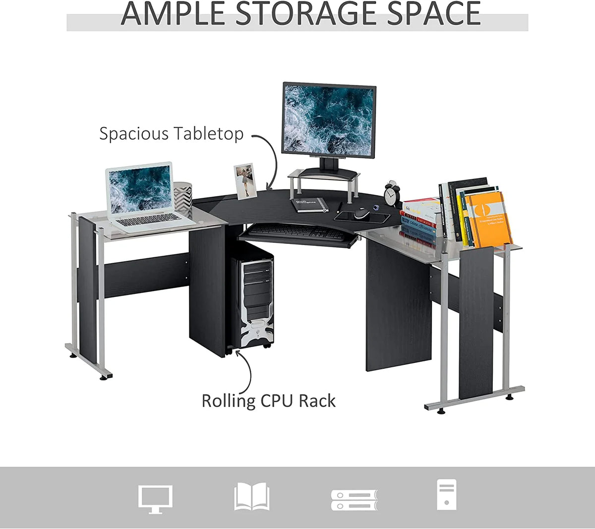 69" L-Shaped Tempered Glass Computer Desk with Monitor Stand Black A8107