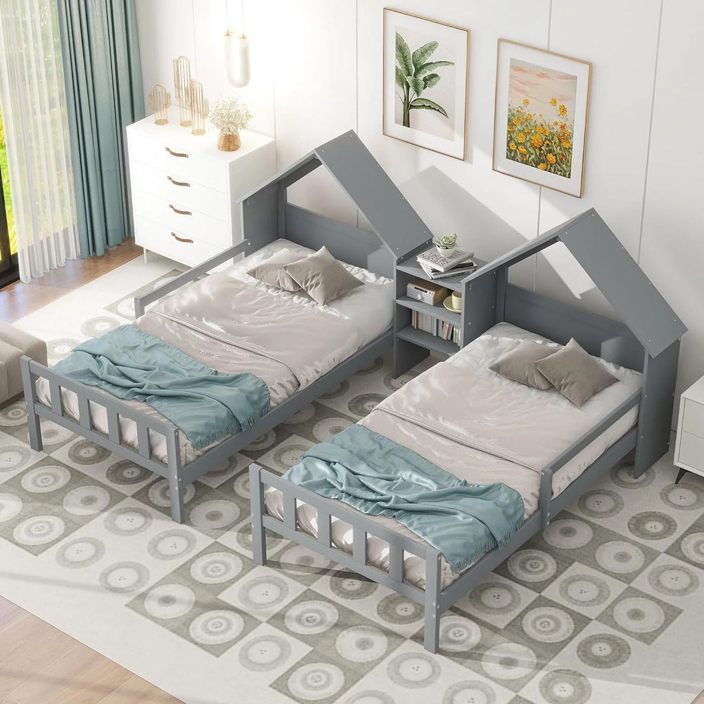 Double Size Platform Bed with House-Shaped Headboard and Built-In Nightstand, Grey C60532