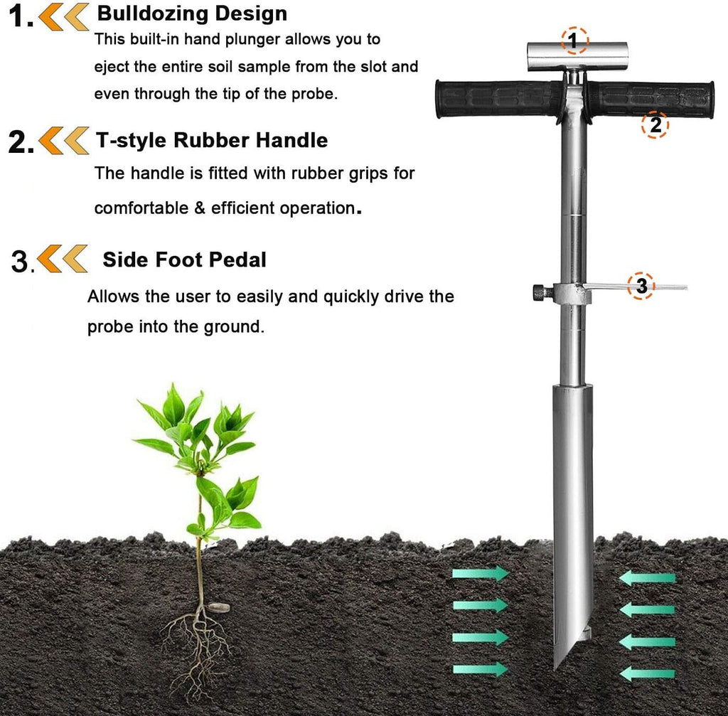 40" Soil Sampler Probe Rod with Sample Ejector, 304 Stainless Step Tube with Foot Pedal T-Style Handle Z4486
