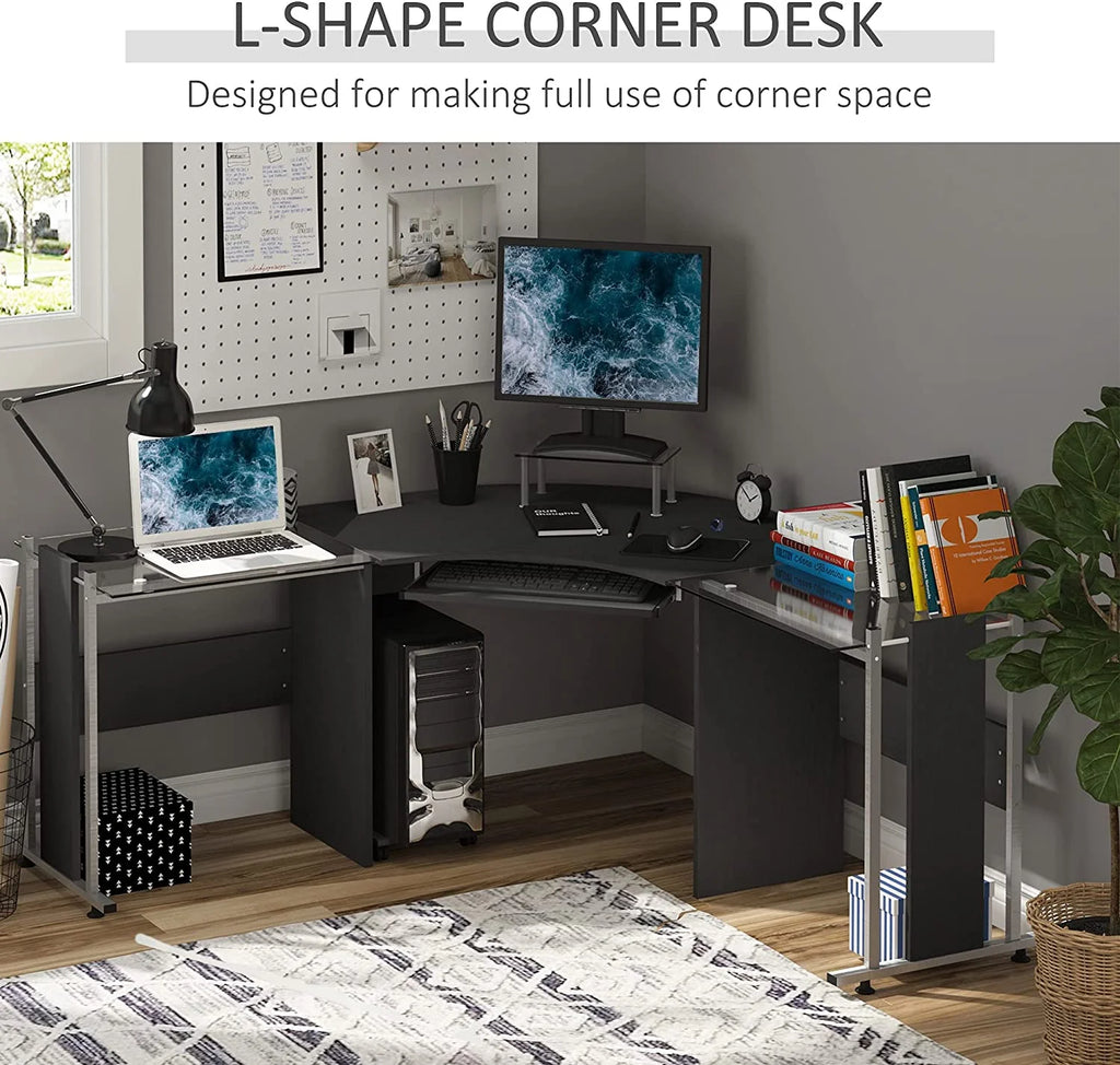 69" L-Shaped Tempered Glass Computer Desk with Monitor Stand Black A8107