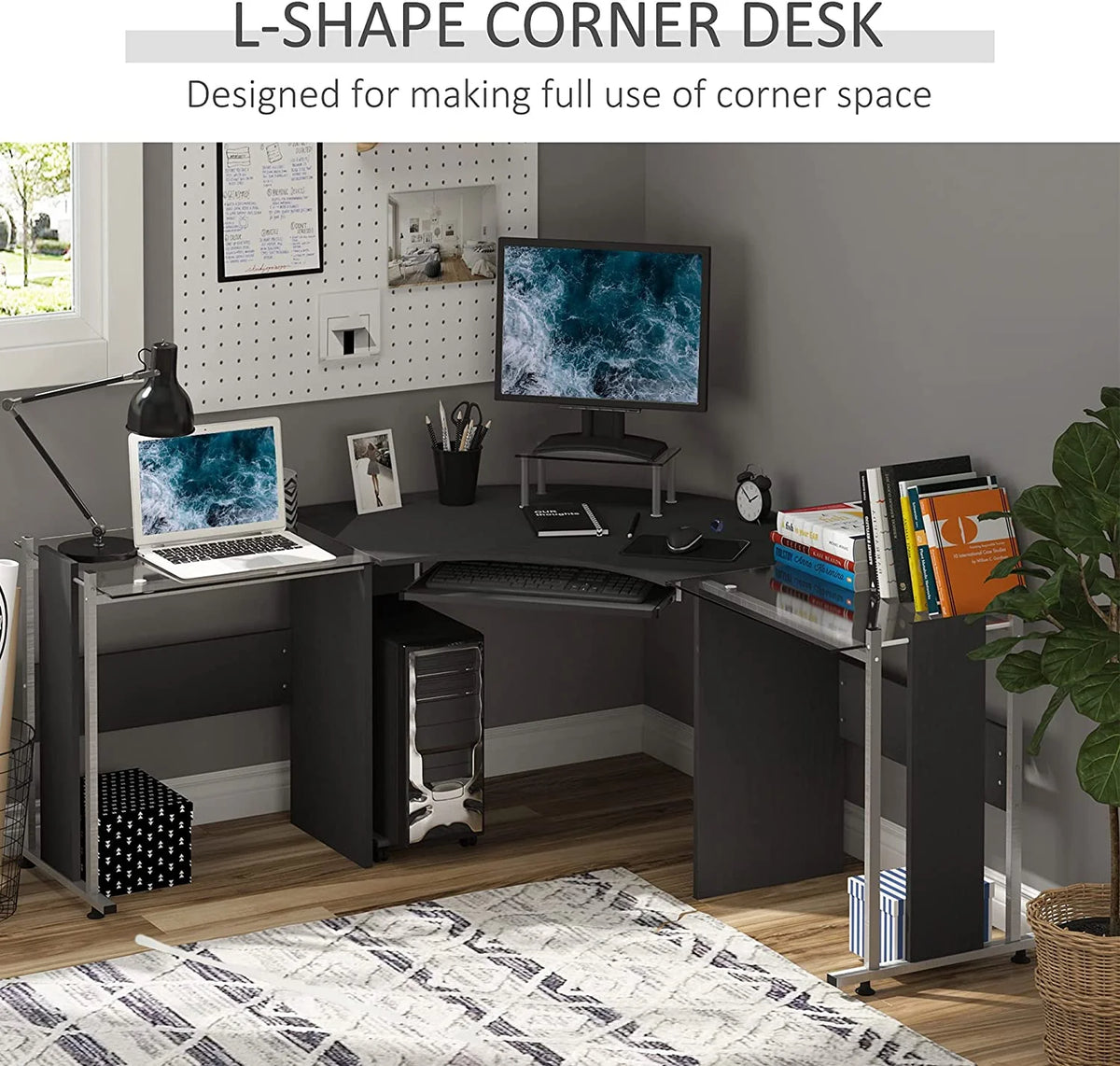 69" L-Shaped Tempered Glass Computer Desk with Monitor Stand Black A8107