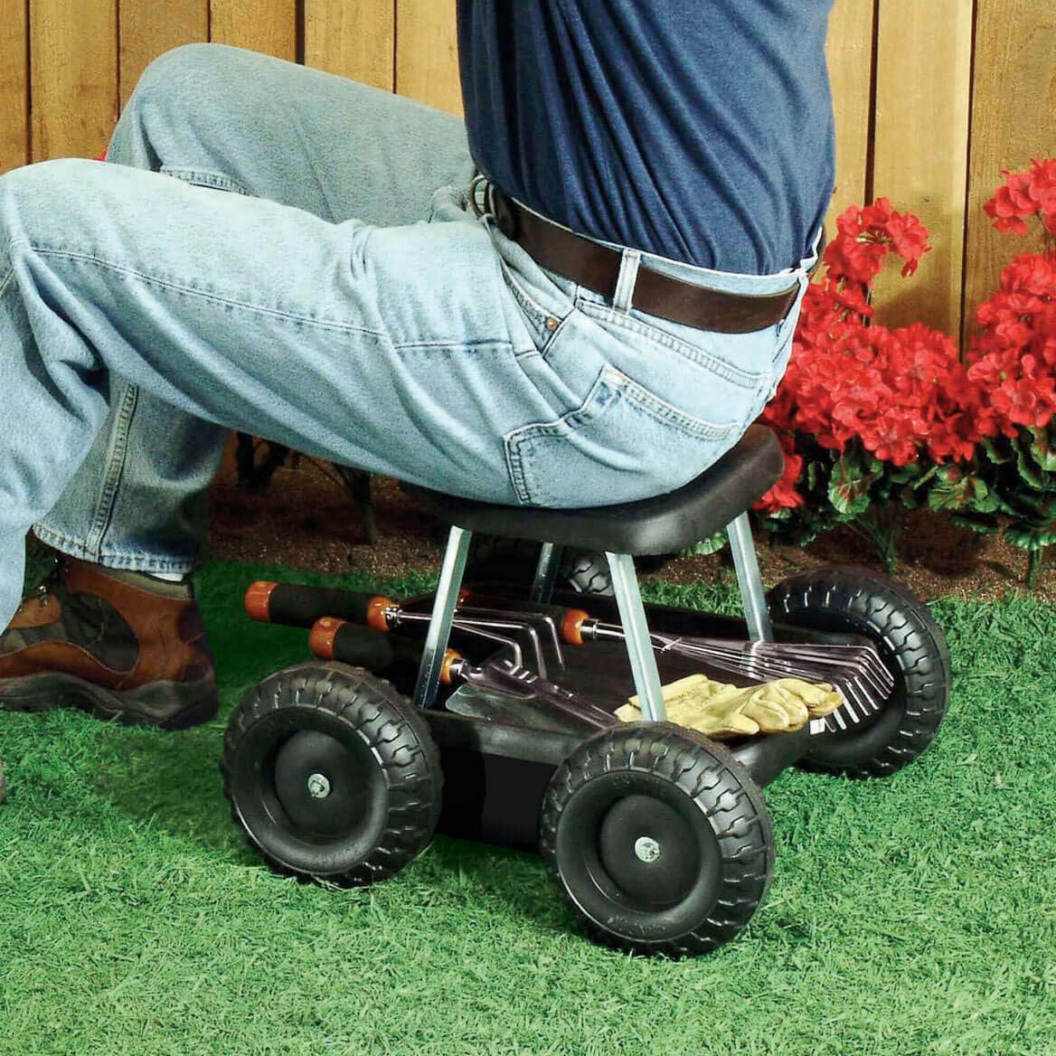 Black Rolling Garden Cart with Seat and Storage Tray Q5746