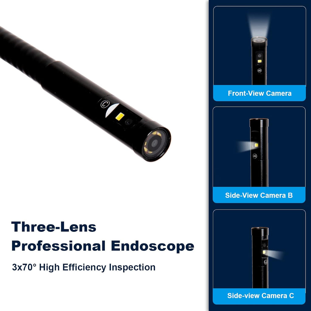 Triple-Lens Borescope Inspection Camera with Light, 1080P HD 7.9mm IP67 Waterproof, 16.4Ft Cable, 5 IPS Screen N39071