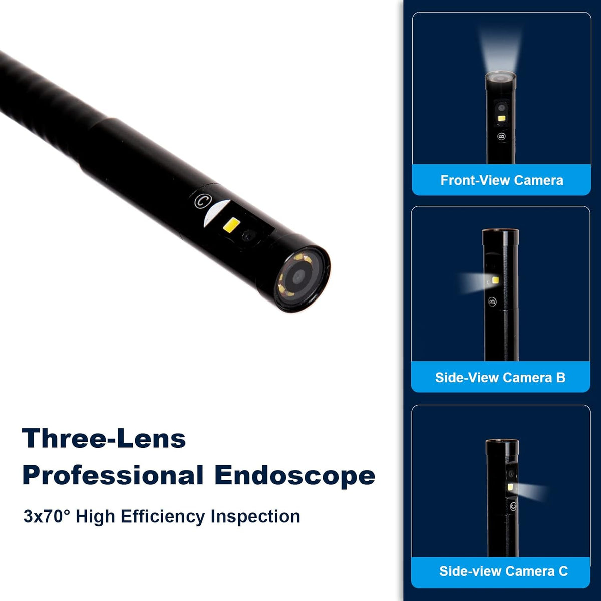 Triple-Lens Borescope Inspection Camera with Light, 1080P HD 7.9mm IP67 Waterproof, 16.4Ft Cable, 5 IPS Screen N39071