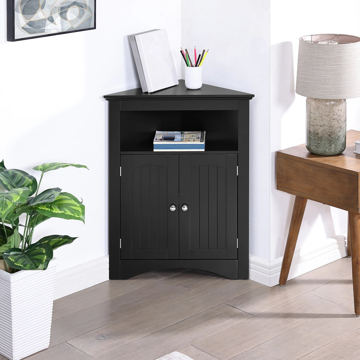 Free Standing Corner Storage Cabinet with Doors and Shelves M973