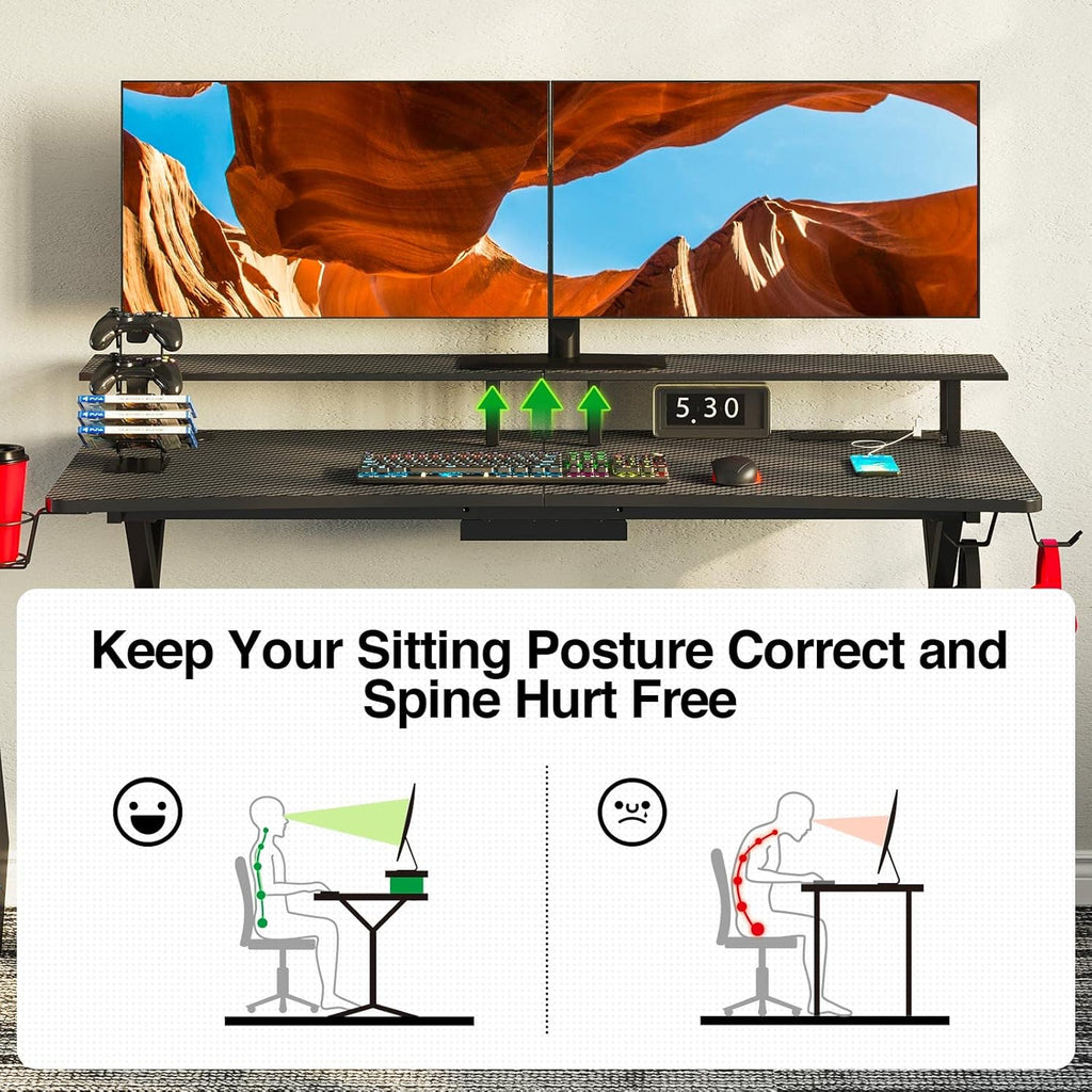 Gaming Desk with LED Strip & Power Outlets, Carbon Fiber Surface Computer Desk with Full Desk Mouse Pad D971