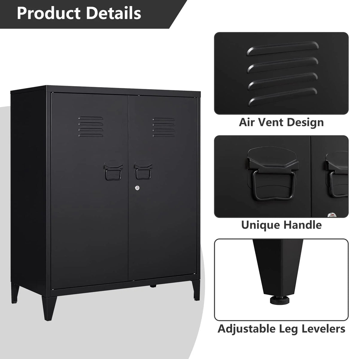 2 Door Metal Accent Cabinet with 2 Shelves, Black N95361