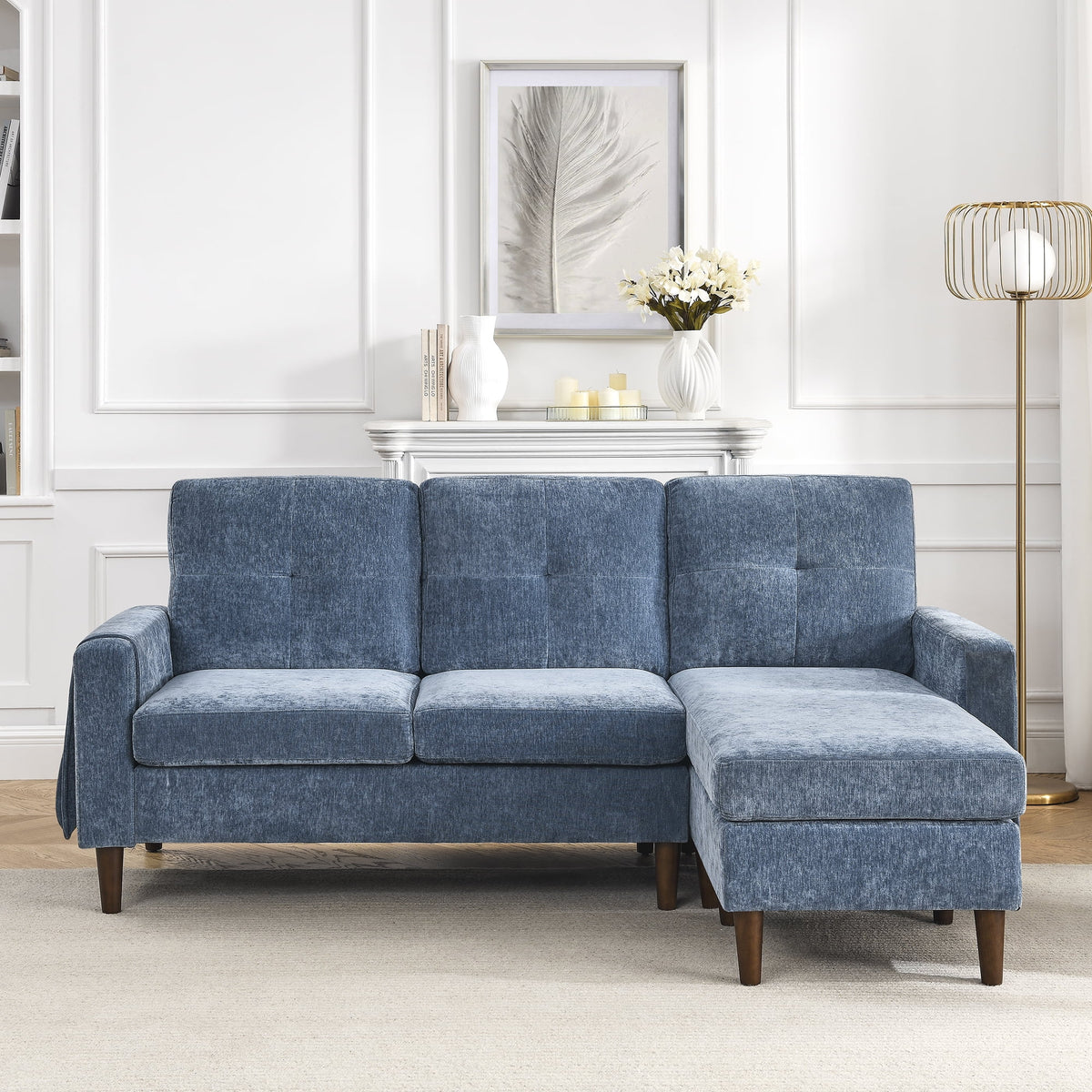 80" Convertible Sectional Sofa Couch, 3 Seats L-shape Sofa with Removable Cushions and Pocket, Rubber Wood Legs, Navy Chenille C450