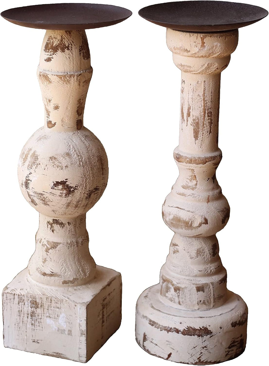 Antique White Wooden Candle Holders Set of 2 L4745