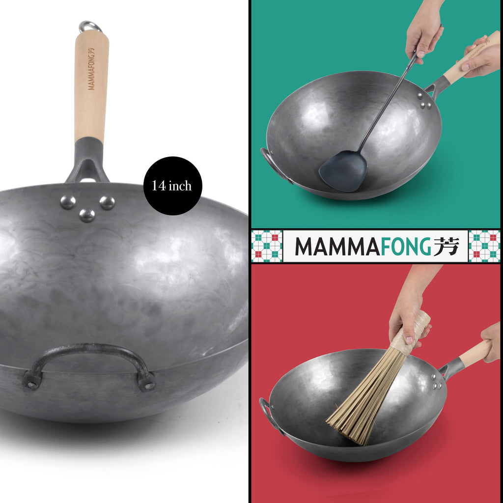 14 inch Hand Hammered Carbon Steel Wok Set with Spatula and Bamboo Brush M85987