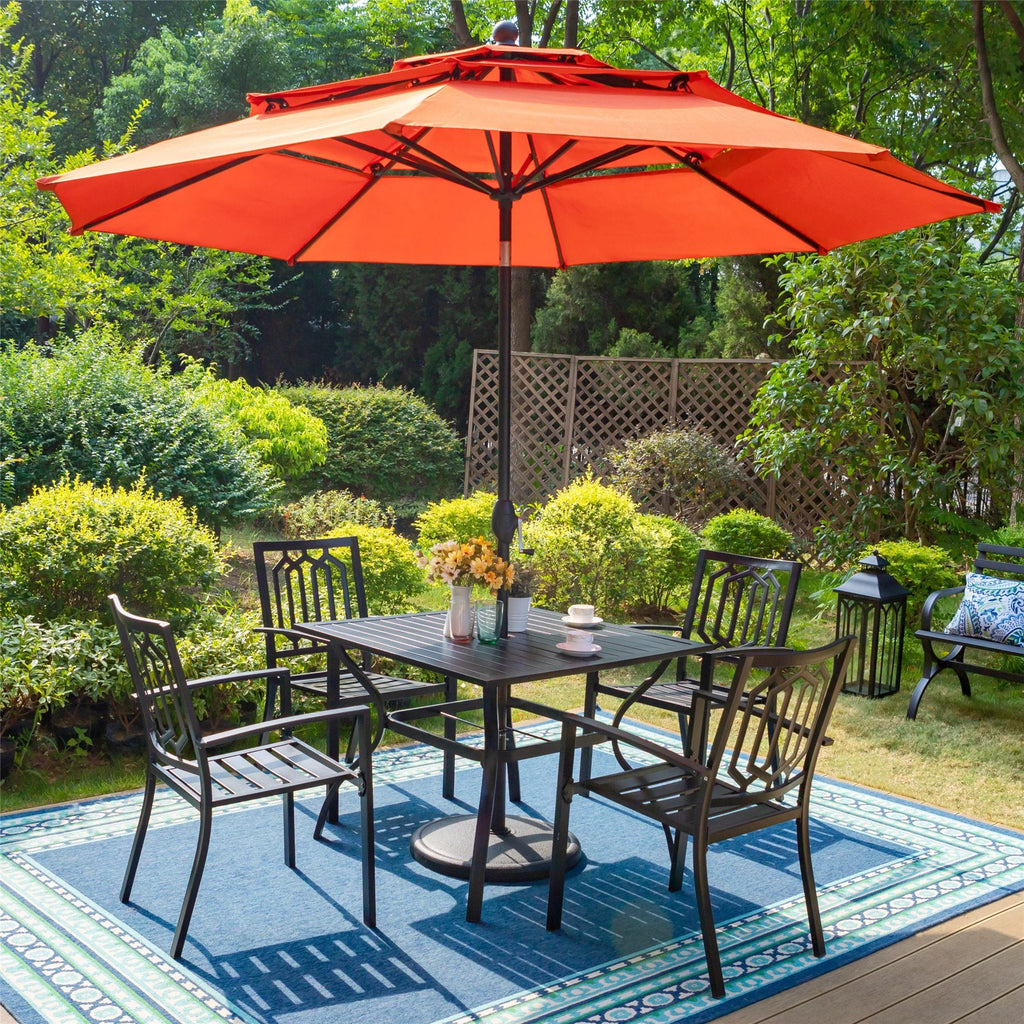 6-Piece Outdoor Patio Set with 10 FT Umbrella, 4 PCS Metal Steel Stacking Chairs & 1 PC Square Dining Table, Orange Red Umbrella P19967