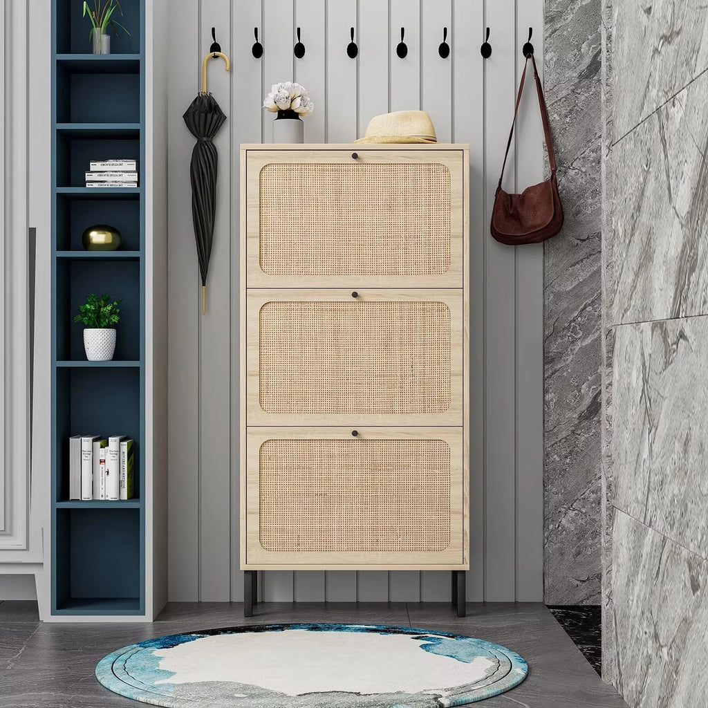 3 Flip Drawer Rattan Shoe Cabinet with Adjustable Shelves Q6724