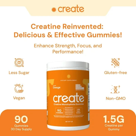 Creatine Monohydrate Gummies 1.5g Vegan Non-GMO Gluten-Free Orange 90 Count B327956