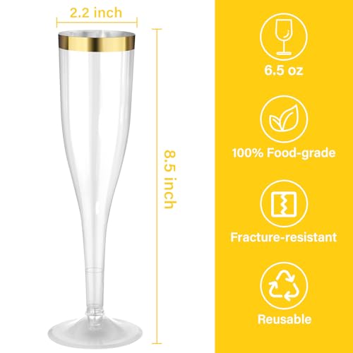 36 Pack 6.5 oz Gold Glitter Plastic Champagne Flutes with Gold Rim V244