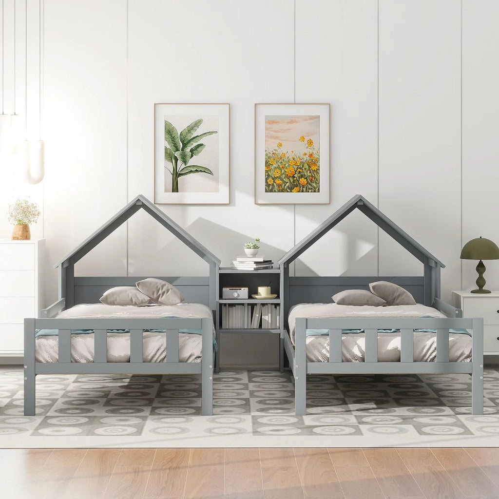 Double Size Platform Bed with House-Shaped Headboard and Built-In Nightstand, Grey C60532