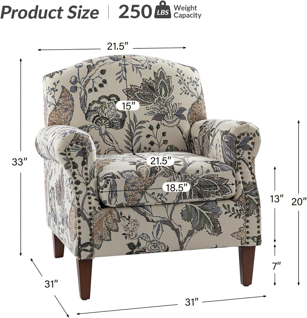 Accent Chair Set Of 2 With Wood Legs & Removable Cushion, Upholstered Armchair, Floral Design, GREY I853895