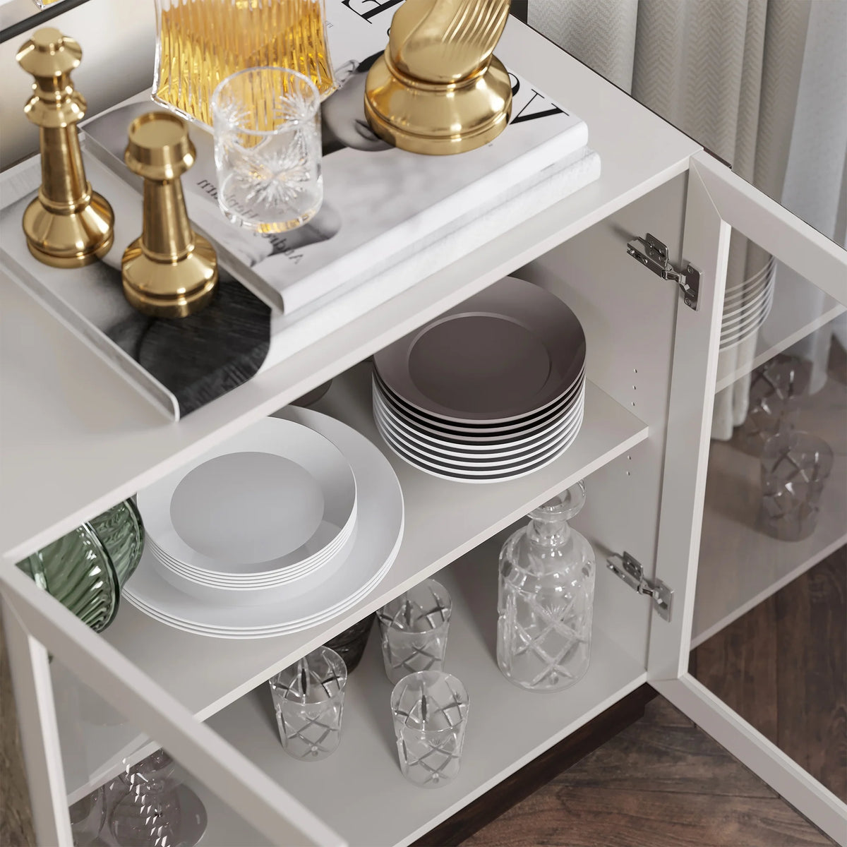 White Wood Glass Sideboard Buffet Cabinet with Storage I579688
