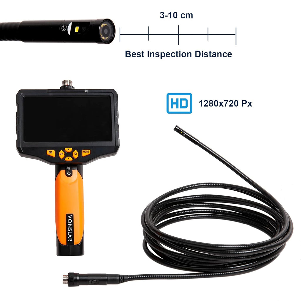 Triple-Lens Borescope Inspection Camera with Light, 1080P HD 7.9mm IP67 Waterproof, 16.4Ft Cable, 5 IPS Screen N39071