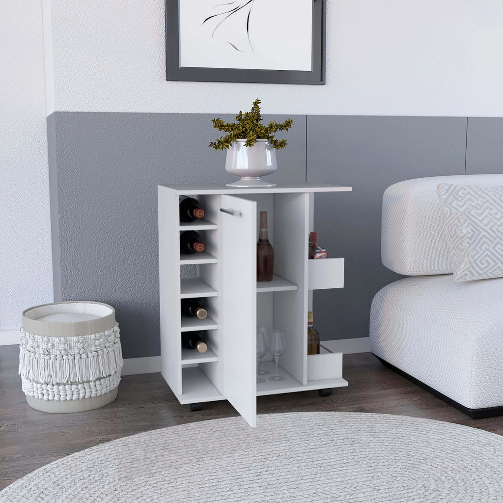 White Engineered Wood Bar Cart with 2 Side Shelves N12169