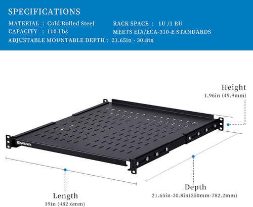 1U Adjustable Server Rack Shelf, 21.65 – 30.8 Inches, 242lbs Capacity, Pack of 2 Y4124