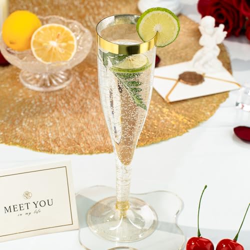 36 Pack 6.5 oz Gold Glitter Plastic Champagne Flutes with Gold Rim V244