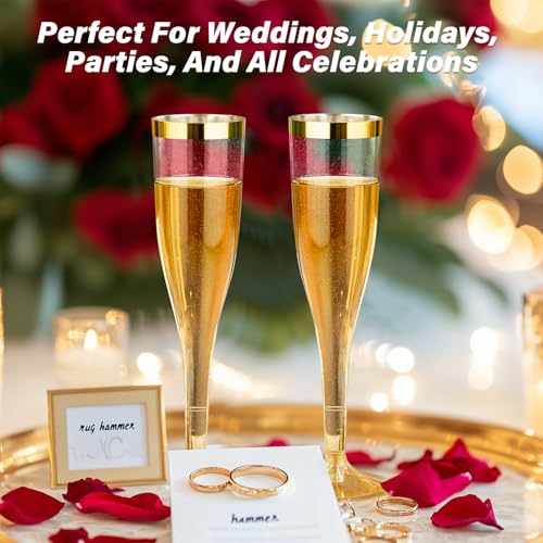 36 Pack 6.5 oz Gold Glitter Plastic Champagne Flutes with Gold Rim V244