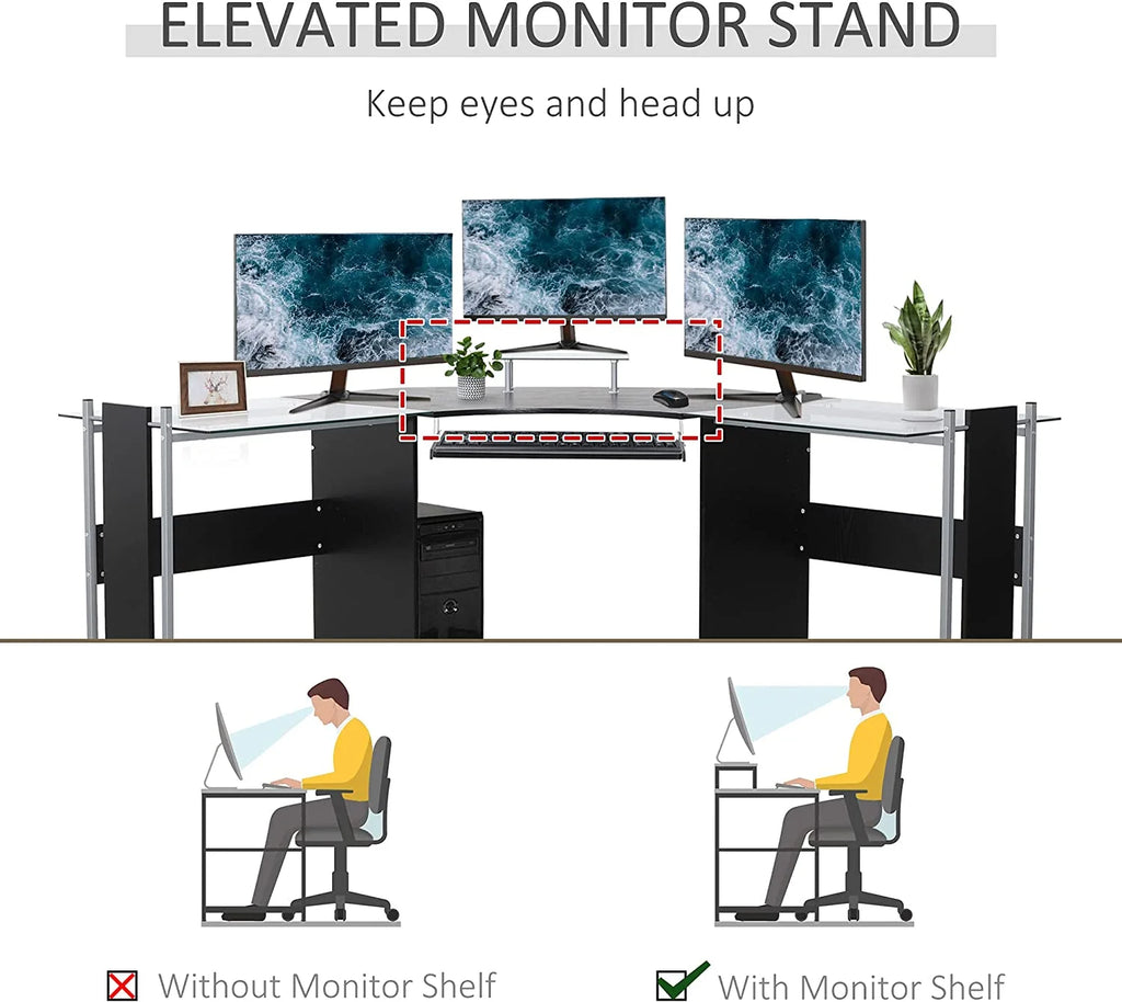 69" L-Shaped Tempered Glass Computer Desk with Monitor Stand Black A8107