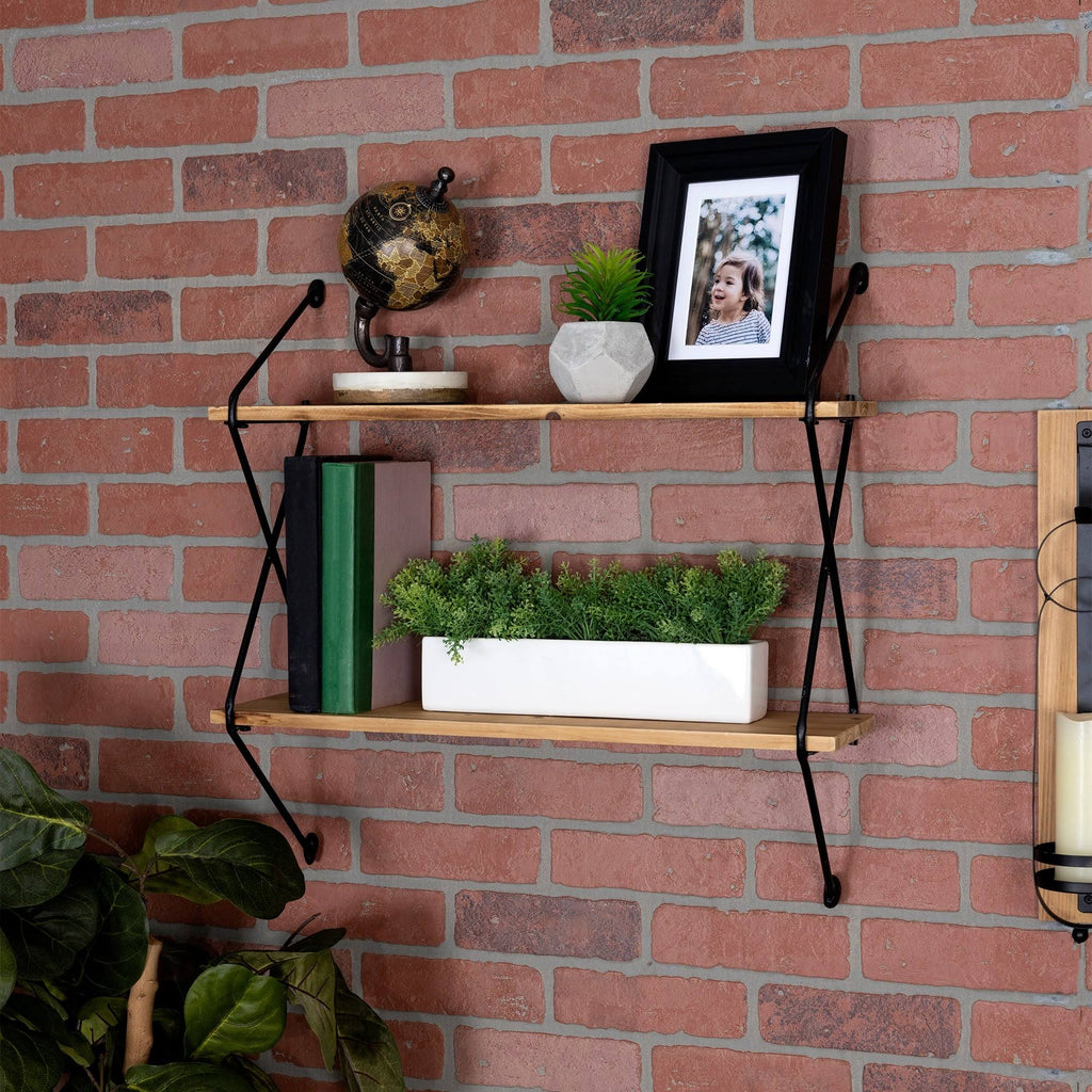 Industrial 2 Tier Metal Wire and Wood Wall Shelf M723
