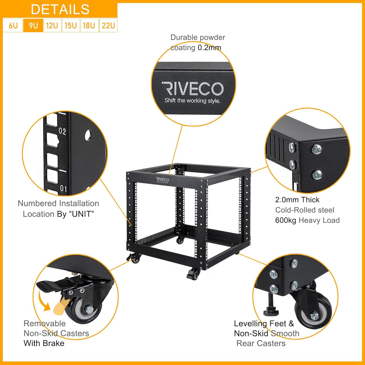 9U Open Frame Server Rack with Casters Black F1961