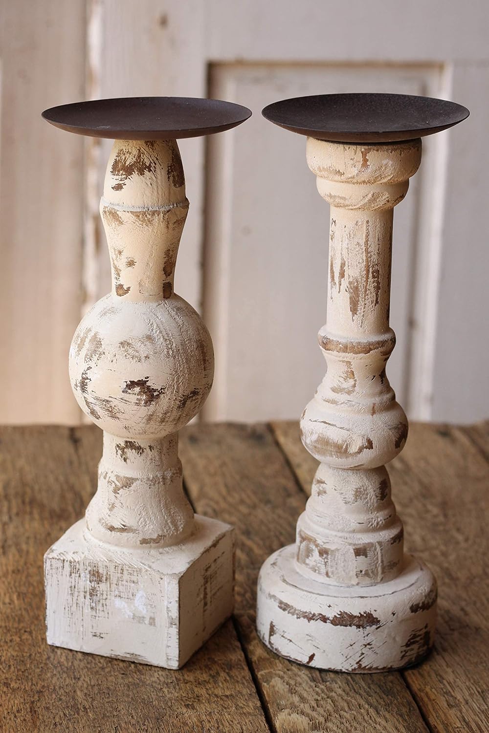 Antique White Wooden Candle Holders Set of 2 L4745