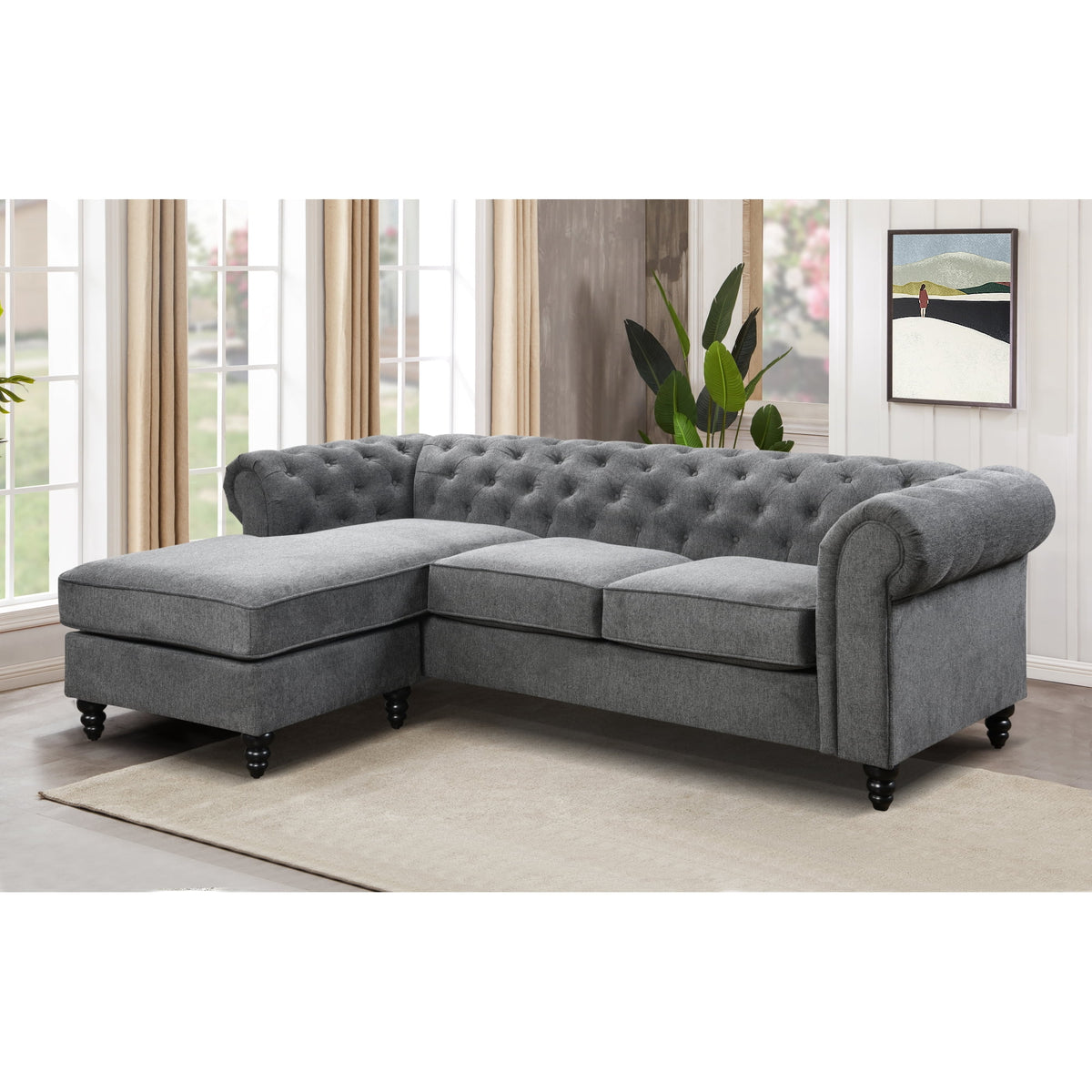 99" Gray Chesterfield Sofa with Chaise K856