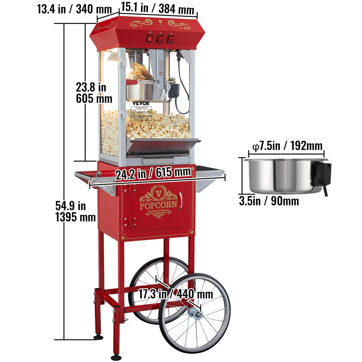 8 oz 48 Cups 850W Red Popcorn Maker Cart B131664