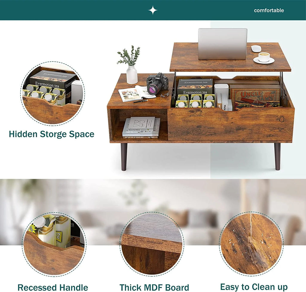 Adjustable Height Wooden Coffee Table with Hidden Compartments and Shelves C11128
