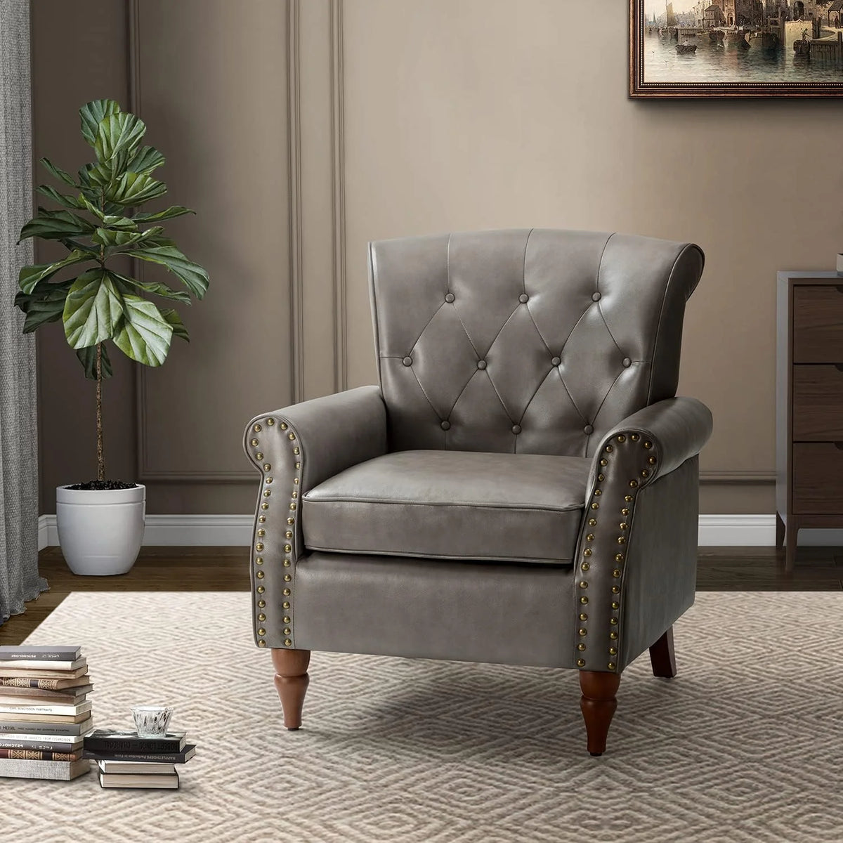 Black Faux Leather Accent Chair with Solid Wood Legs U3886