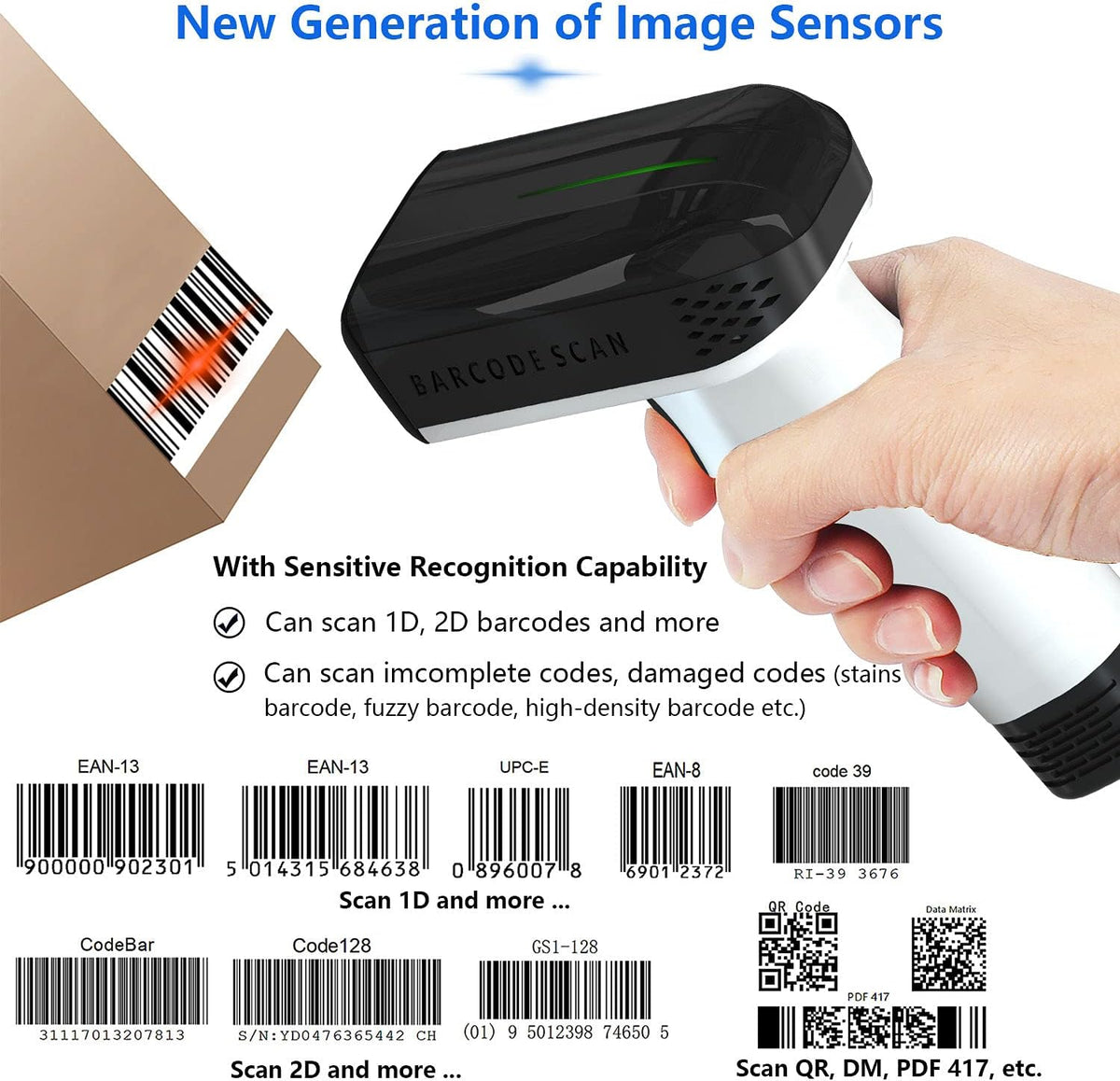 White Wireless Barcode Scanner with Vibration Alert V1481