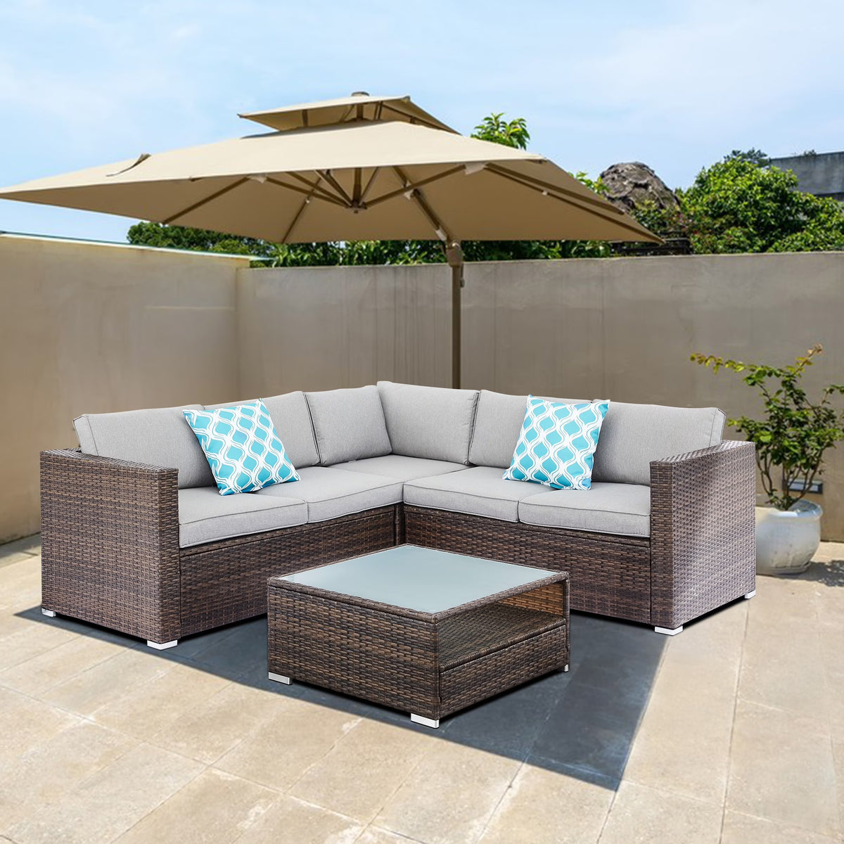 4-Piece Outdoor Wicker Sectional Sofa Set Grey X763