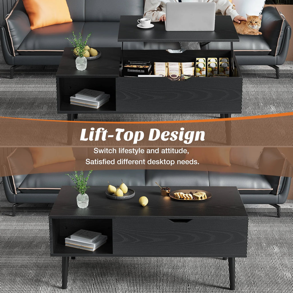 Adjustable Height Wooden Coffee Table with Hidden Compartments and Shelves C11128