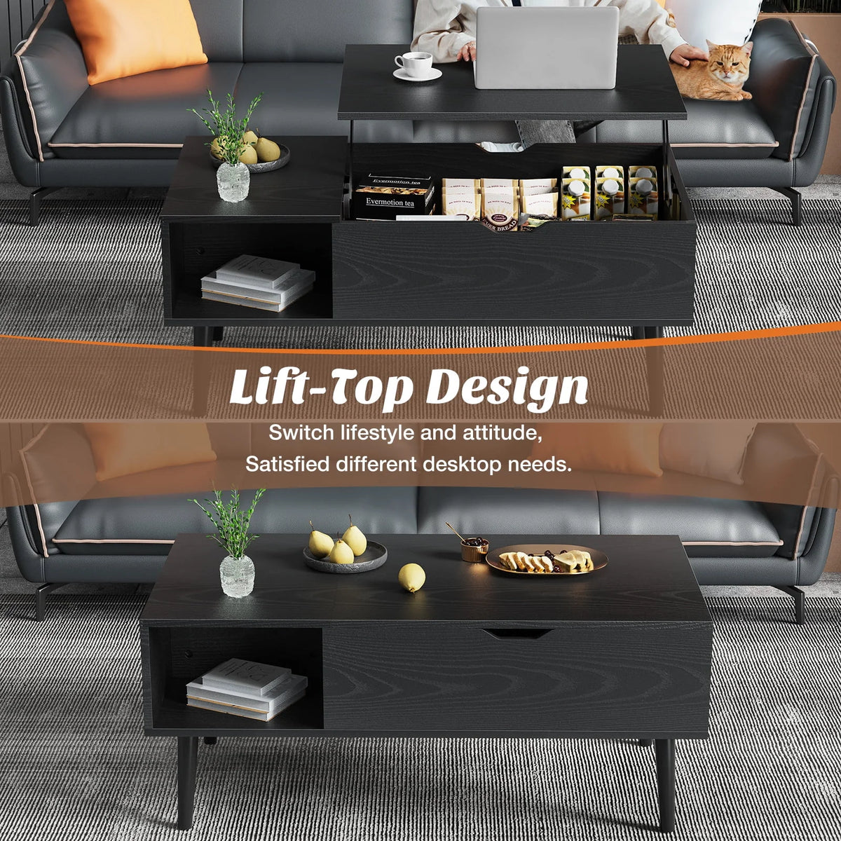 Adjustable Height Wooden Coffee Table with Hidden Compartments and Shelves C11128