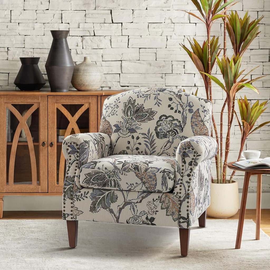 Accent Chair Set Of 2 With Wood Legs & Removable Cushion, Upholstered Armchair, Floral Design, GREY I853895