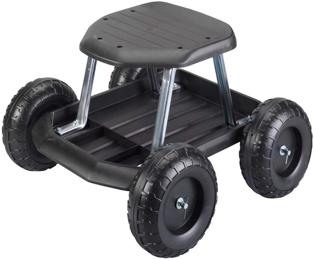 Black Rolling Garden Cart with Seat and Storage Tray Q5746