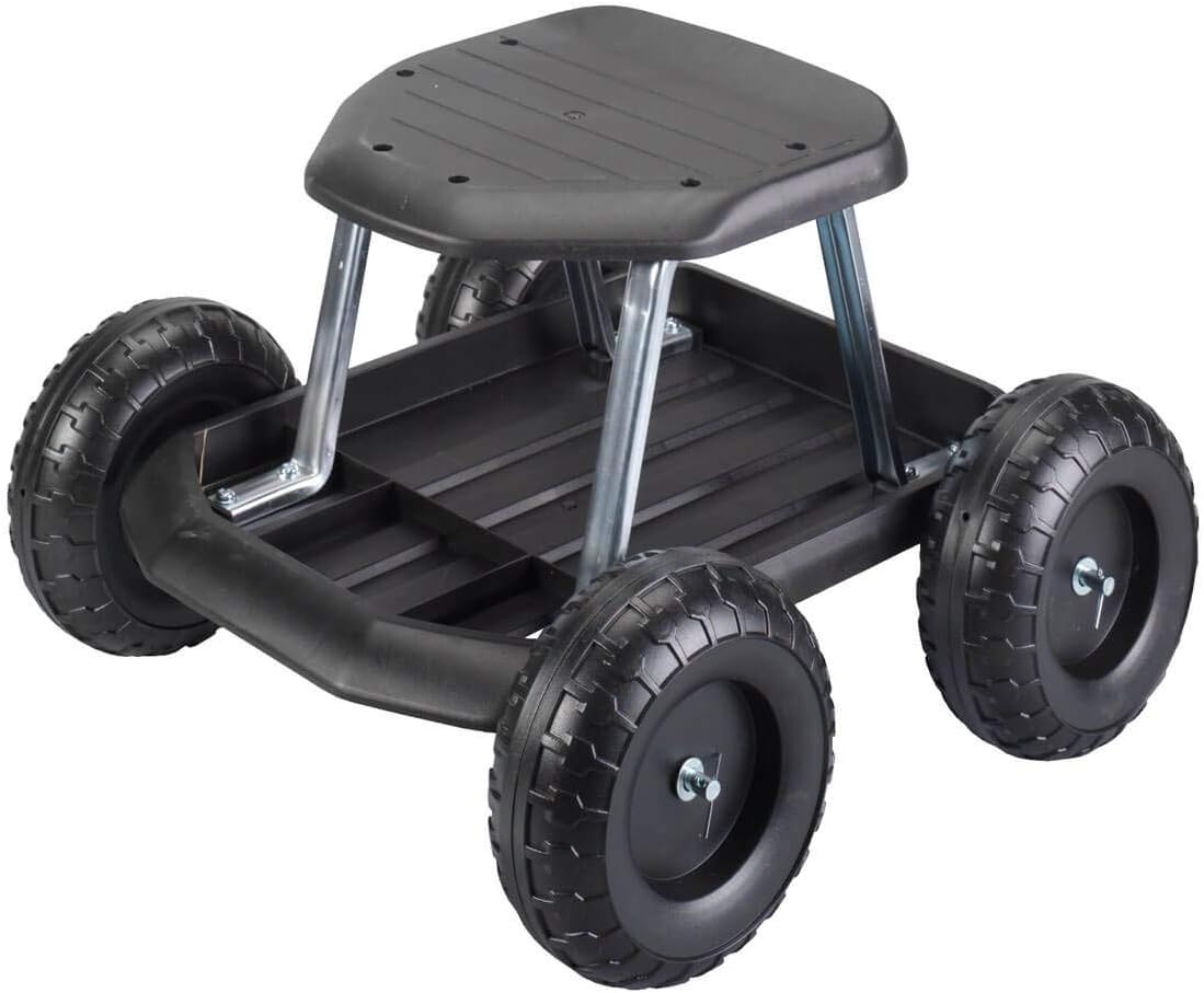 Black Rolling Garden Cart with Seat and Storage Tray Q5746
