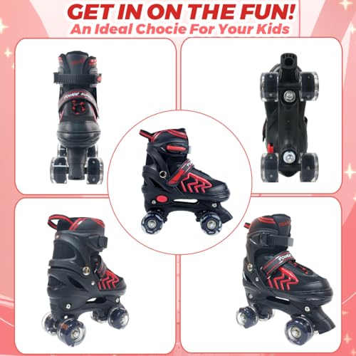 Adjustable Quad Roller Skates with Light Up Wheels, Black & Red E306
