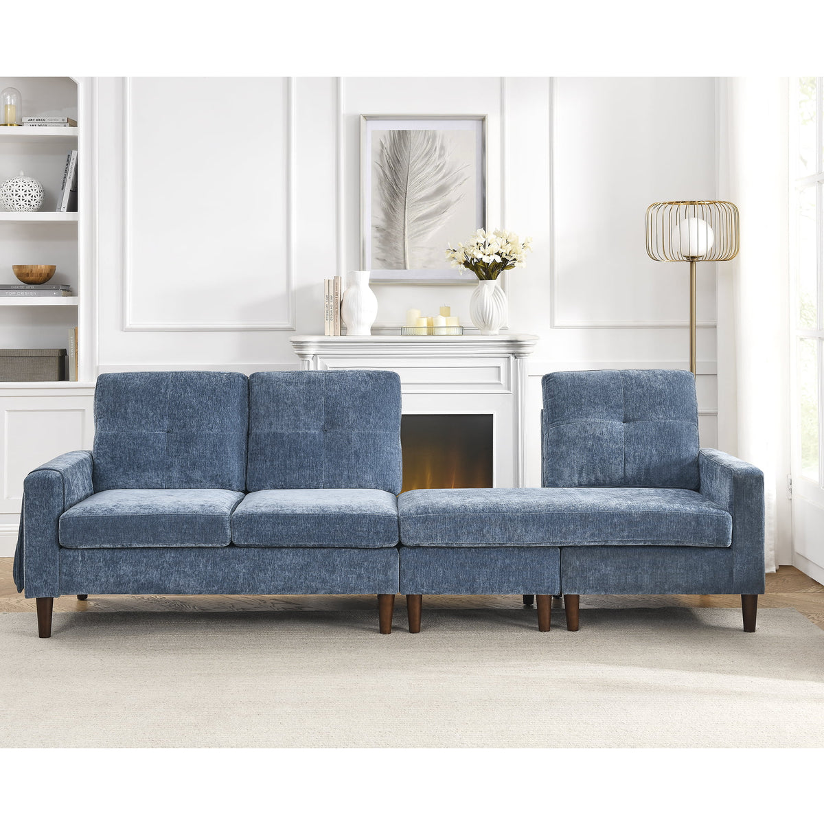 80" Convertible Sectional Sofa Couch, 3 Seats L-shape Sofa with Removable Cushions and Pocket, Rubber Wood Legs, Navy Chenille C450