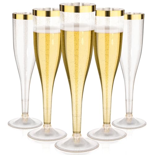 36 Pack 6.5 oz Gold Glitter Plastic Champagne Flutes with Gold Rim V244